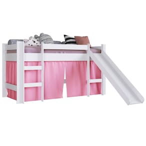 Cama Infantil Elevada com Escorregador Branca e Cortina Rosa