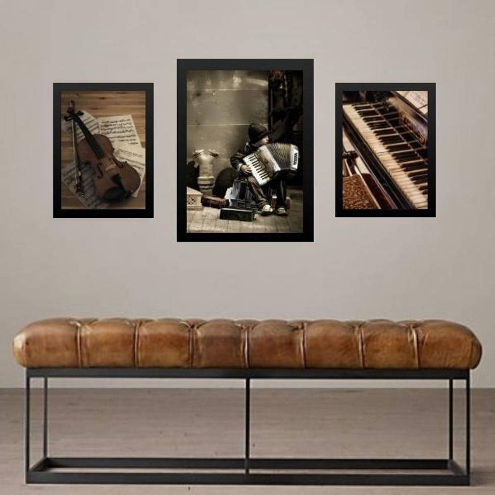 Set 3 Quadros Músico - Instrumentos Musicais - Com Vidro