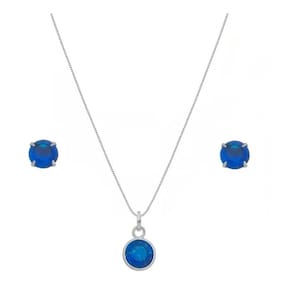 Conjunto Colar E Brinco Redondo Prata 925 Pedra Azul Escuro