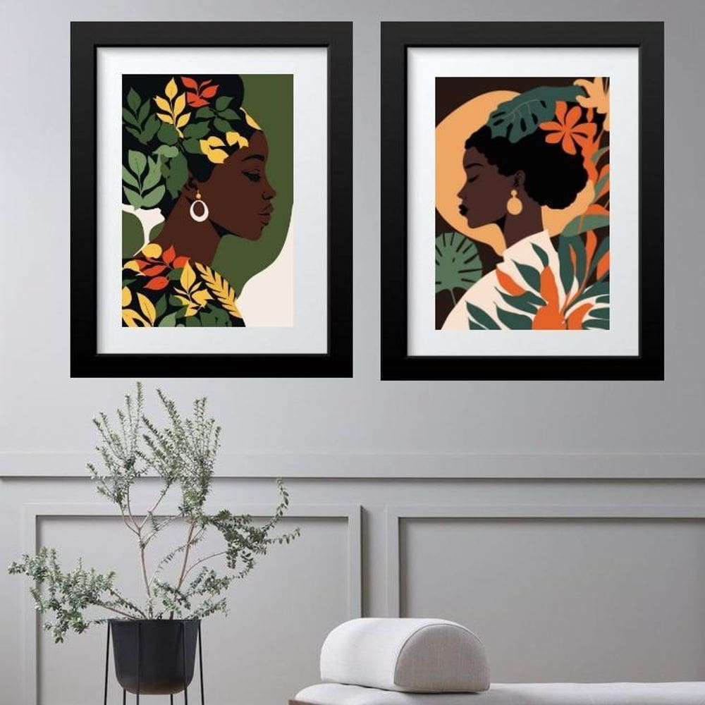 Kit 2 Quadros Mulher Negra Tropical - 60X48Cm
