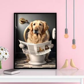 Quadro Labrador No Banheiro Lendo Jornal 24X18Cm - Com Vidro