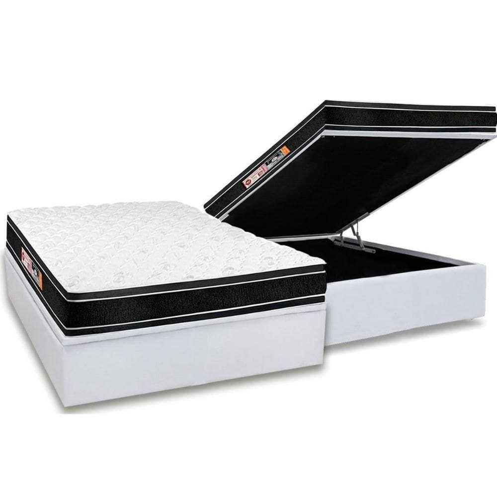 Cama Box Baú Casal: Colchão Espuma Castor D33 Black e White Air Euro Pillow + Base CRC Courano White(138x188)