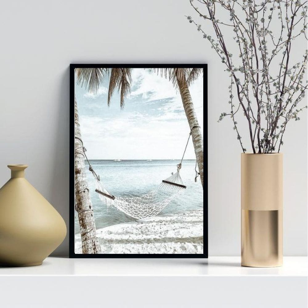 Quadro Decorativo Rede Na Praia 24X18Cm - Com Vidro