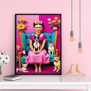 Quadro Decorativo Frida Com Cães E Gatos 24X18Cm - Com Vidro