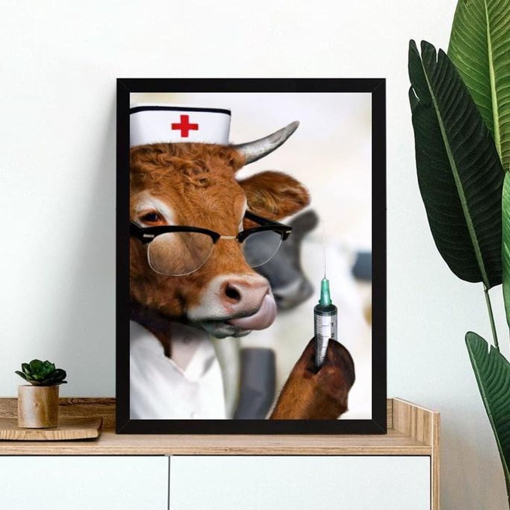 Quadro Decorativo Vaca Veterinária 24X18Cm - Com Vidro