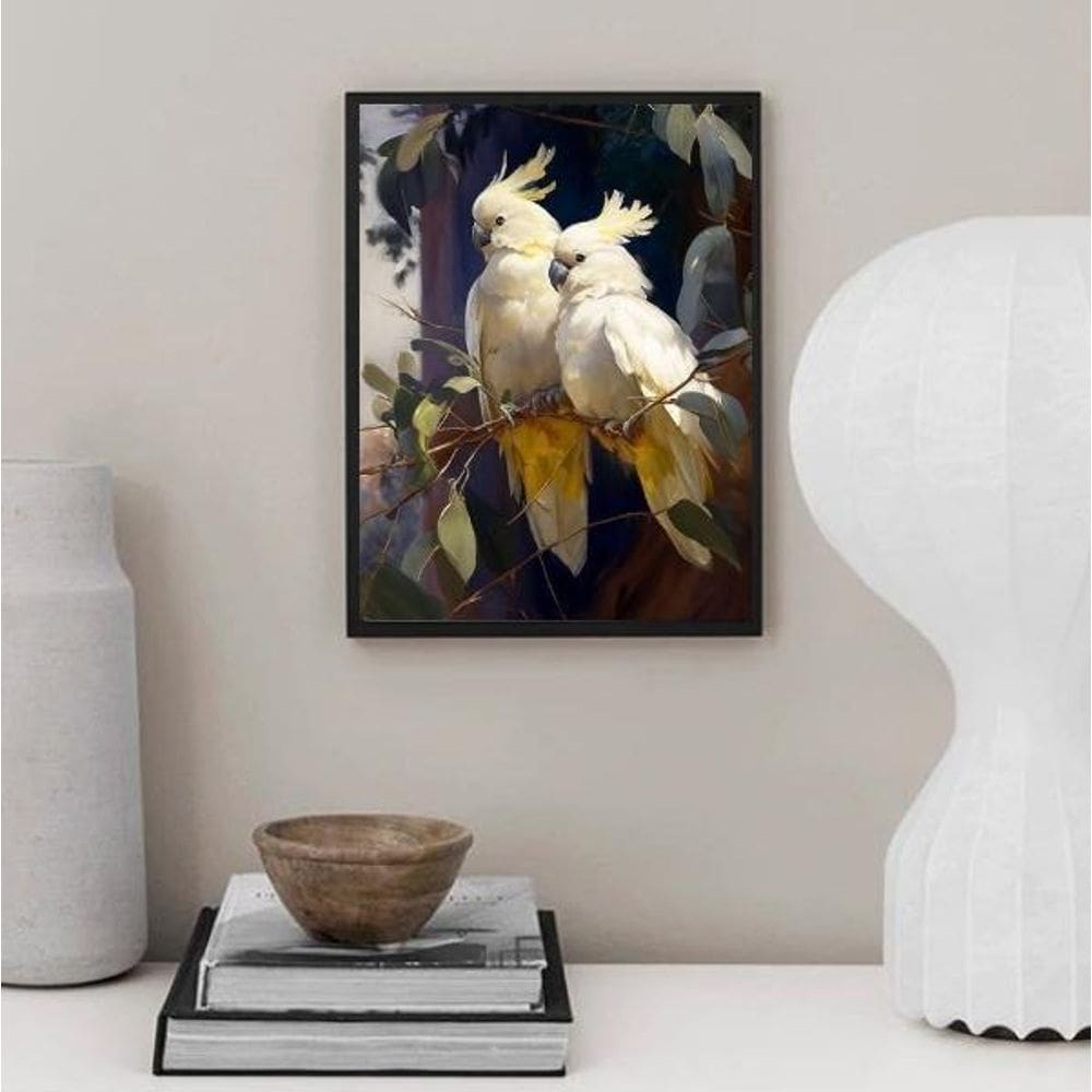 Quadro Decorativo Casal De Cacatuas 45X34Cm - Com Vidro