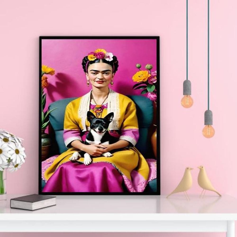 Quadro Decorativo Frida Com Cachorrinho 33X24Cm - Com Vidro