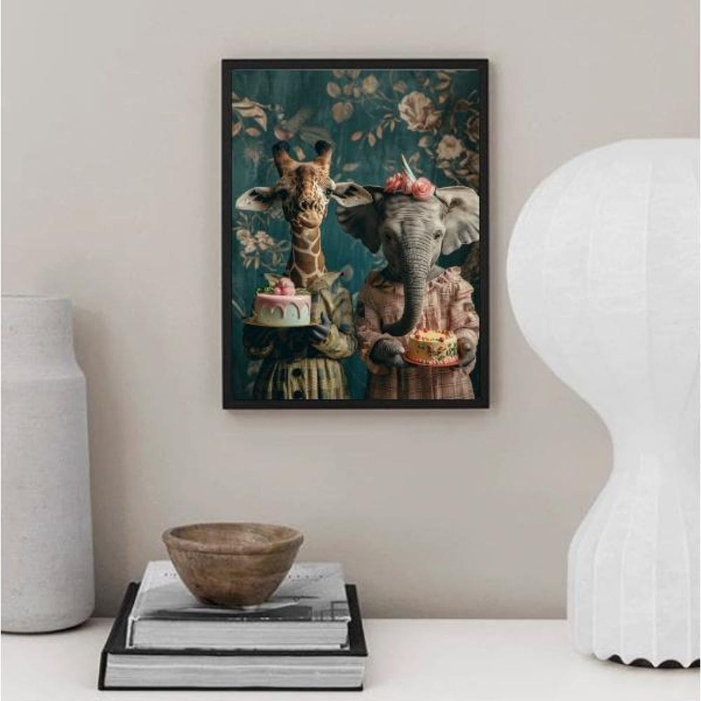 Quadro Amigas Girafa E Elefante 33X24Cm - Com Vidro