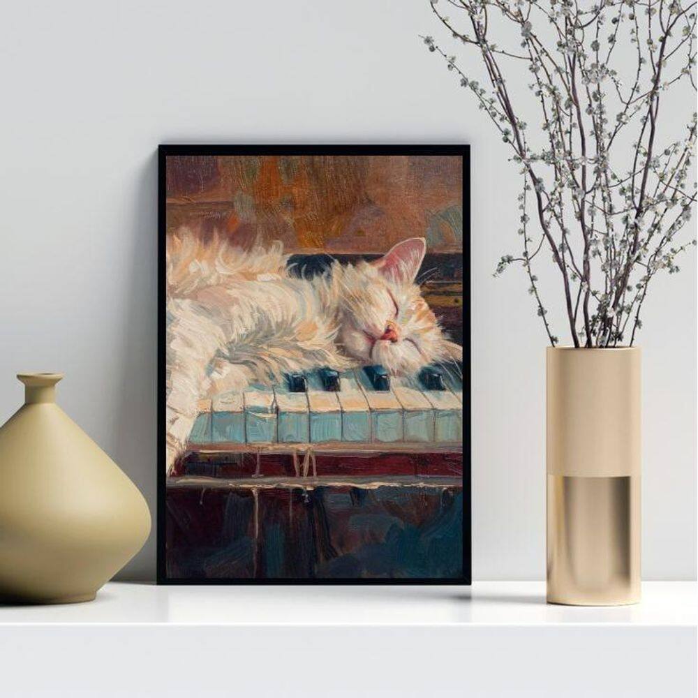 Quadro Decorativo Arte Gato No Piano 33X24Cm - Com Vidro