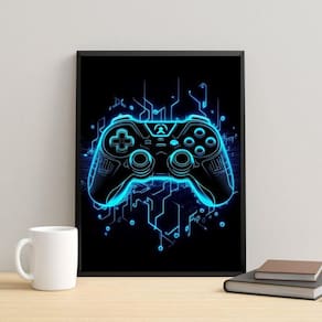 Quadro Decorativo Gamer Azul Neon 24X18Cm - Com Vidro