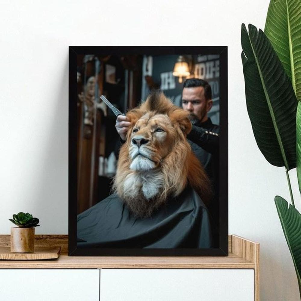 Quadro Decorativo Barbearia - Leão 33X24Cm - Com Vidro