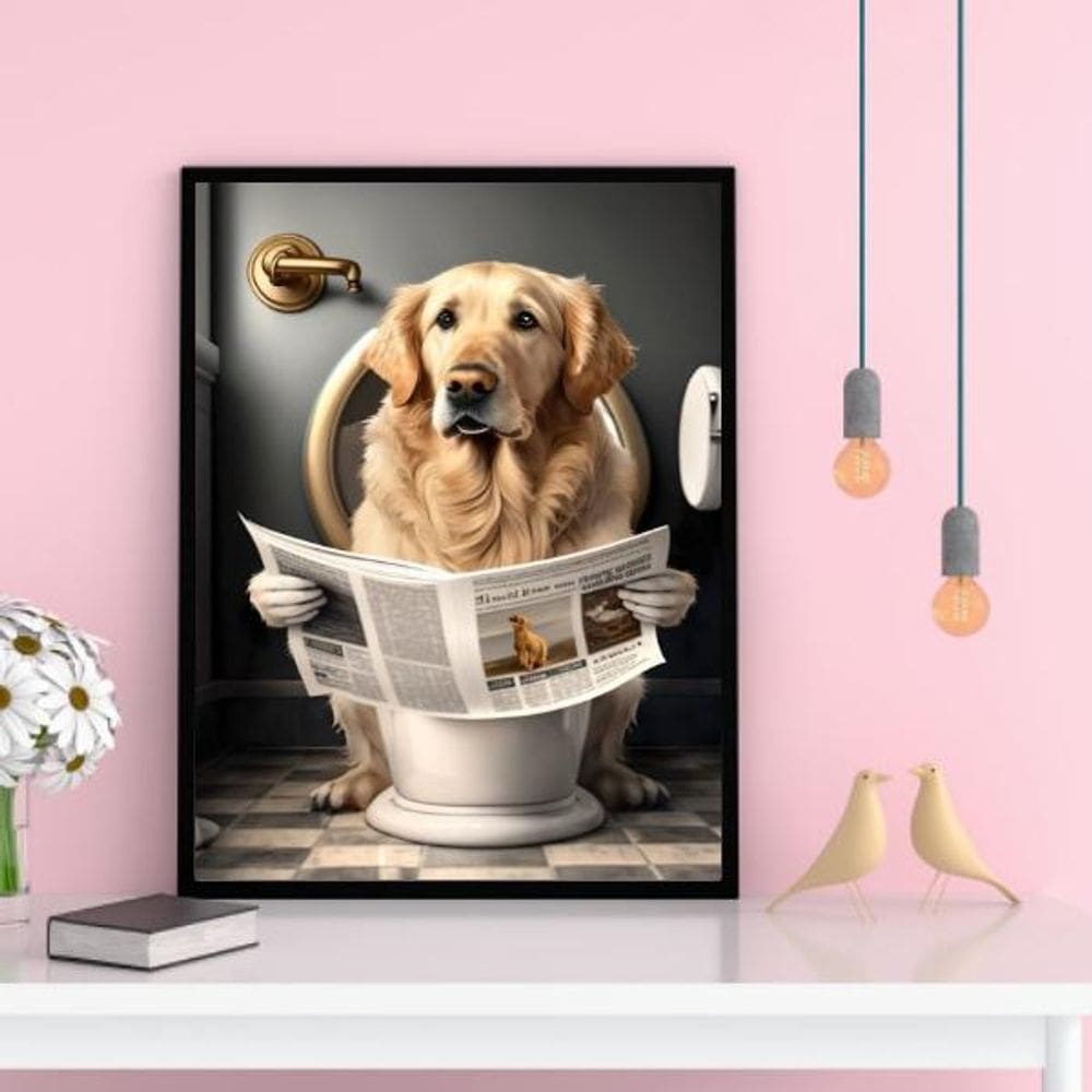 Quadro Labrador No Banheiro Lendo Jornal 24X18Cm