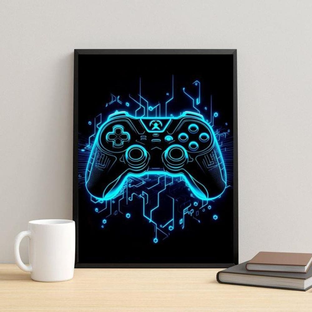 Quadro Decorativo Gamer Azul Neon 45X34Cm