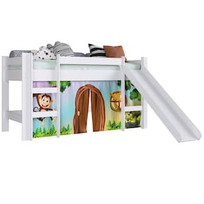 Cama Infantil com Degrau Escorregador Cortina Estampada Zoo