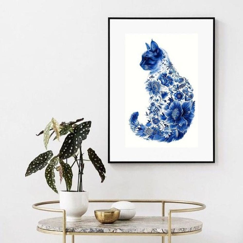 Quadro Gato Floral Azul - 60X48Cm