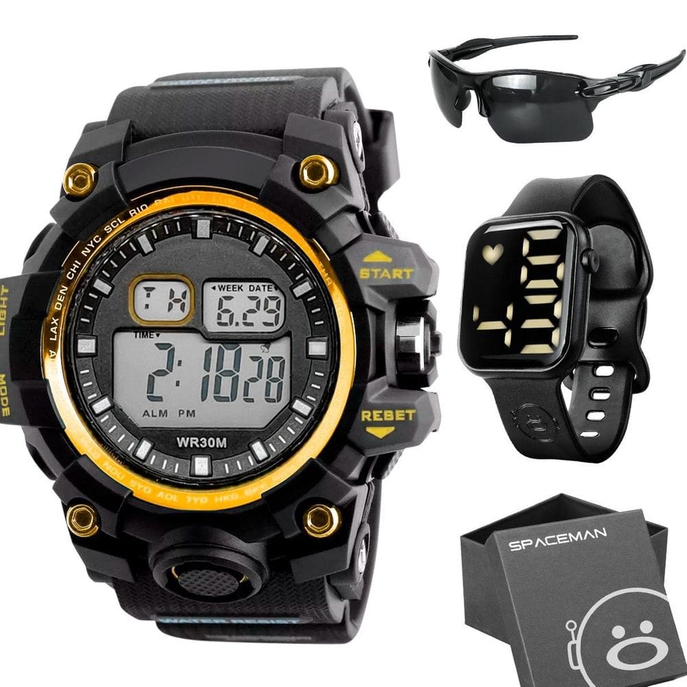 relogio masculino preto + oculos sol proteçao uv + caixa