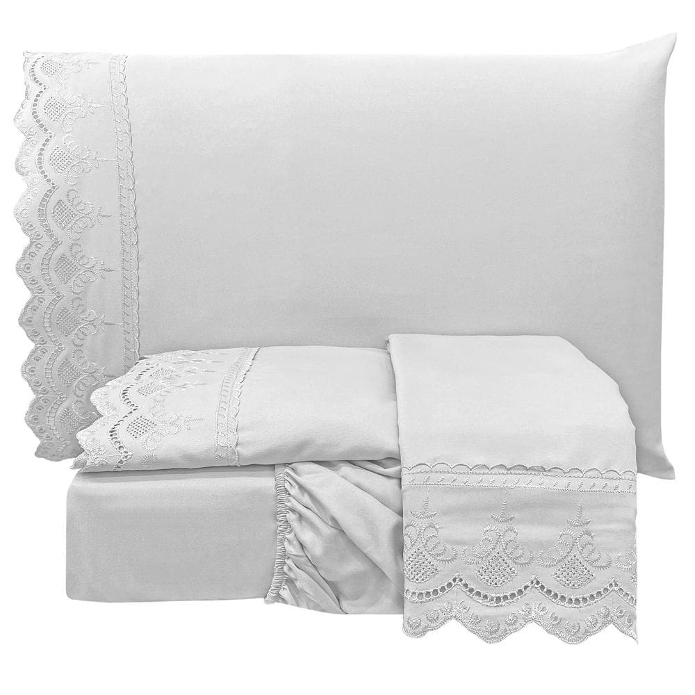 Jogo Cama Queen Angely Bordado Inglês 4 pçs Branco