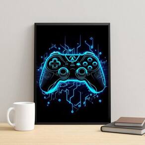Quadro Decorativo Gamer Azul Neon 24X18Cm - Com Vidro