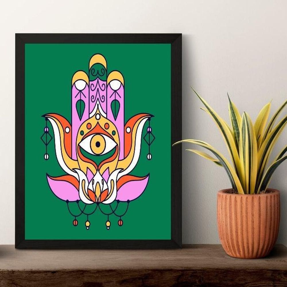 Quadro Esotérico Olho Grego Hamsa - Verde 45X34Cm