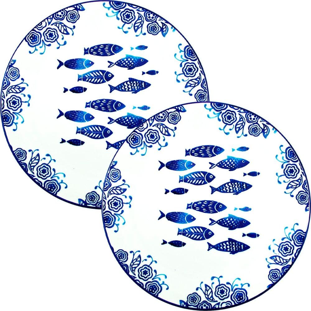 Jogo Prato Raso Jantar 2 Pessoas 2Pçs Peixe Mar Praia 26cm