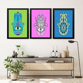 Kit 3 Quadros Esotéricos Olhos Gregos Hamsa 33X24Cm