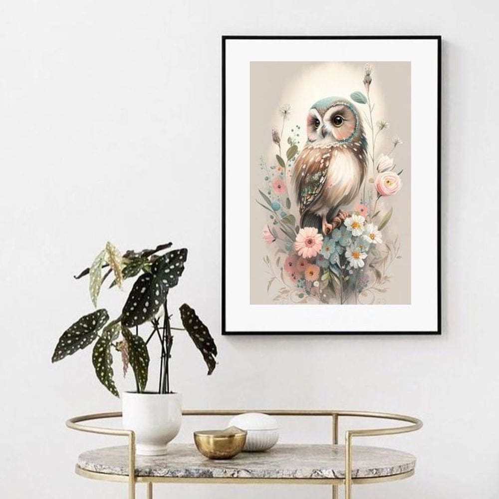 Quadro Coruja Com Flores - 60X48Cm