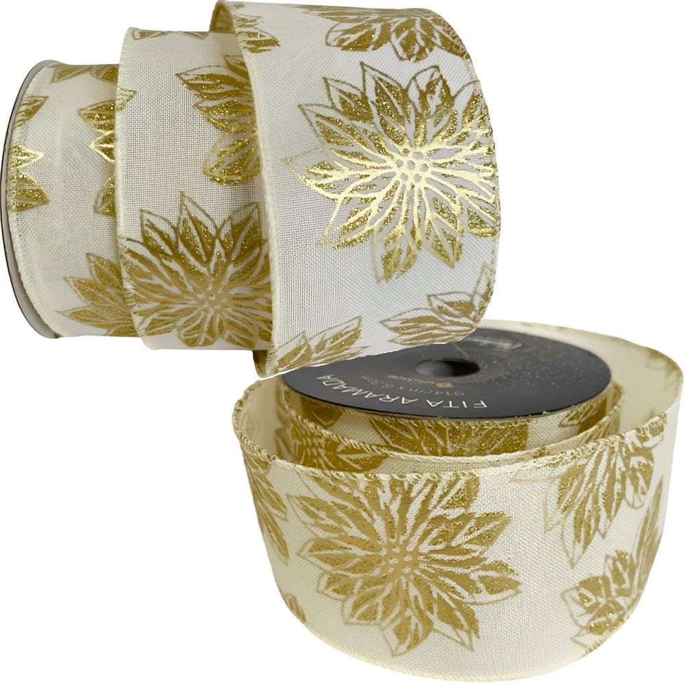 Kit 4 Fita Aramada Natal Flores Metálico Dourada 6,3cm x 914cm