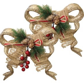 Kit 2 Enfeite Pendente Laço Natalino 18cm Dourado Brilho