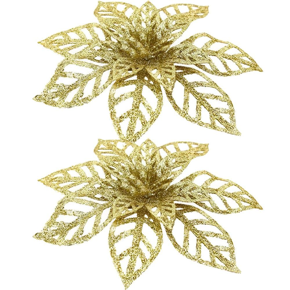 Kit 16 Flores Gliter Douradas Decoração Árvore De Natal 14cm