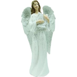 Decoração Anjo Musico Harpa Branco Resina Natal Enfeite 38cm