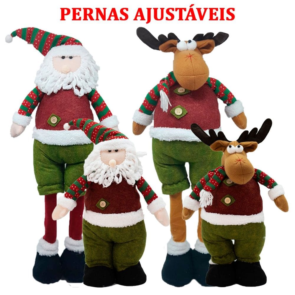 Dupla Bonecos Natalino Pernas Ajustáveis E Rena Papai Noel