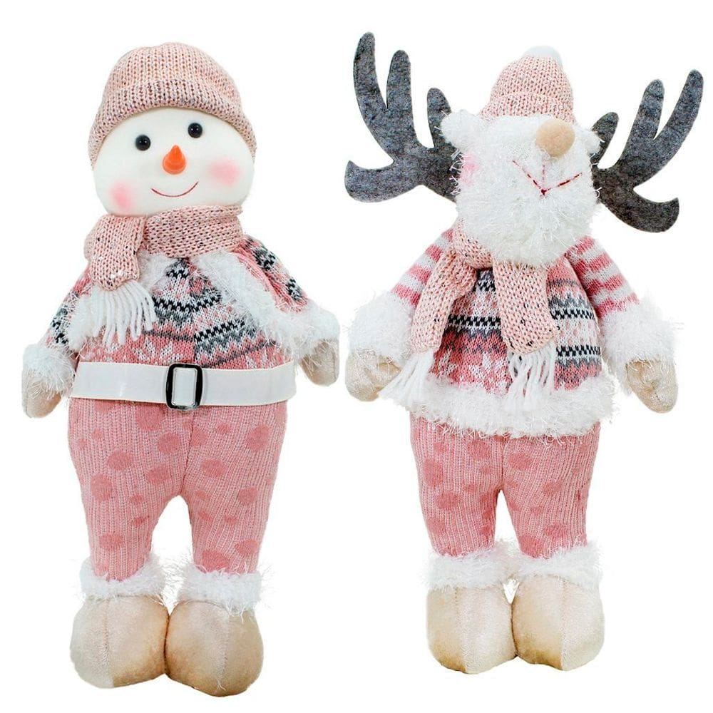 Kit Dupla Boneco Natal Rena Boneca de Neve Rosa Natalina Tecido 44,5cm