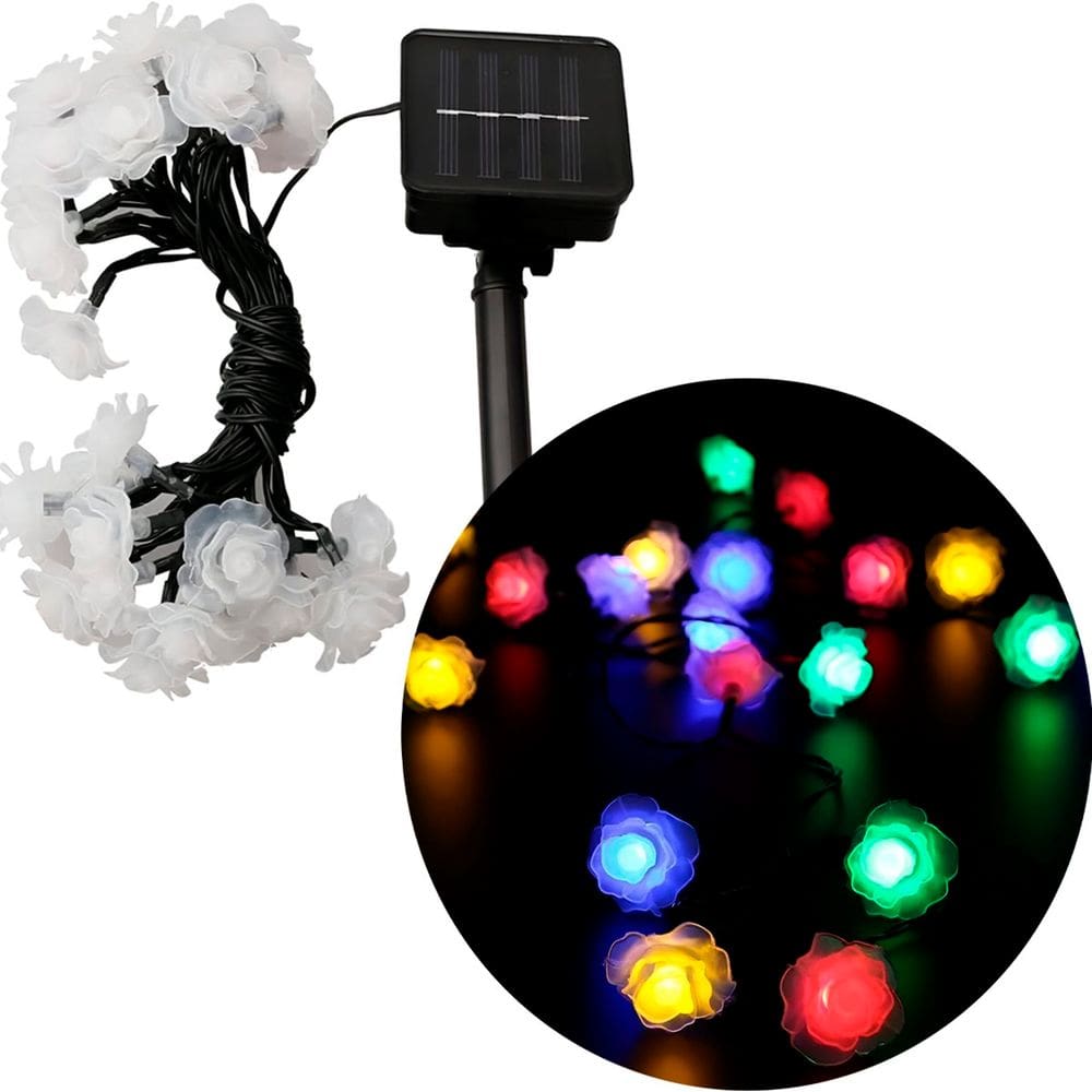 Grinalda Cordão Luzes Solares Rosas Coloridas Jardim 20 LEDs
