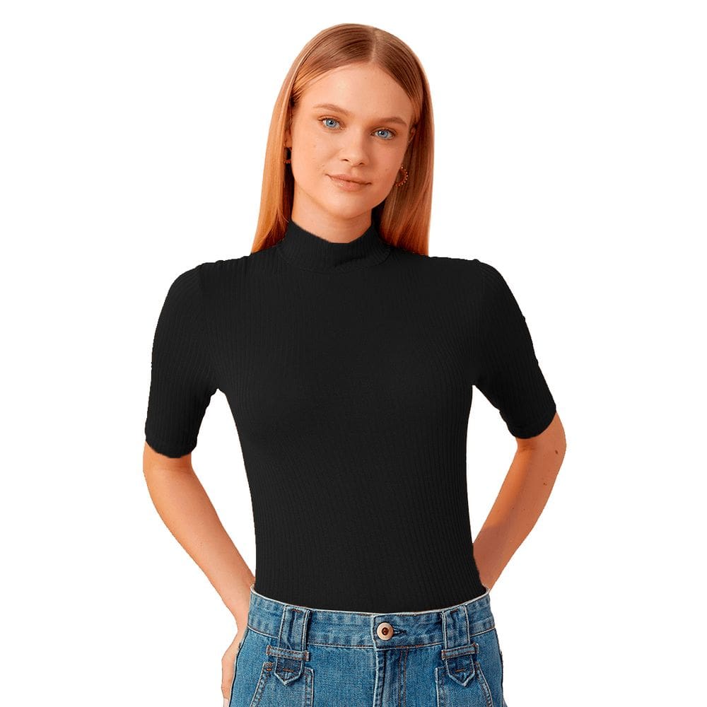 Blusinha Canelada Gola Alta Manga Alongada 3/4