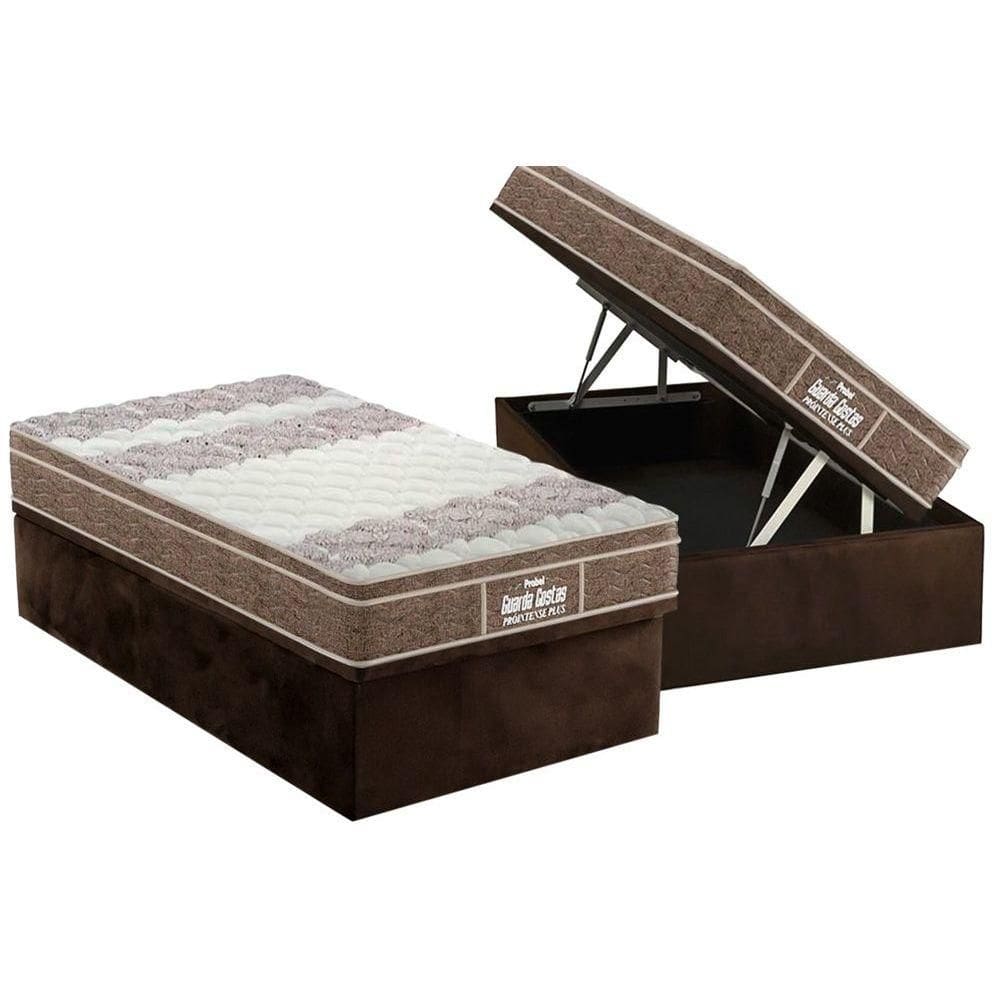 Cama Box Baú Solteiro: Colchão Espuma Probel D33 / EP Guarda Costas PróIntense Plus + Base CRC Suede Brown(88x188)