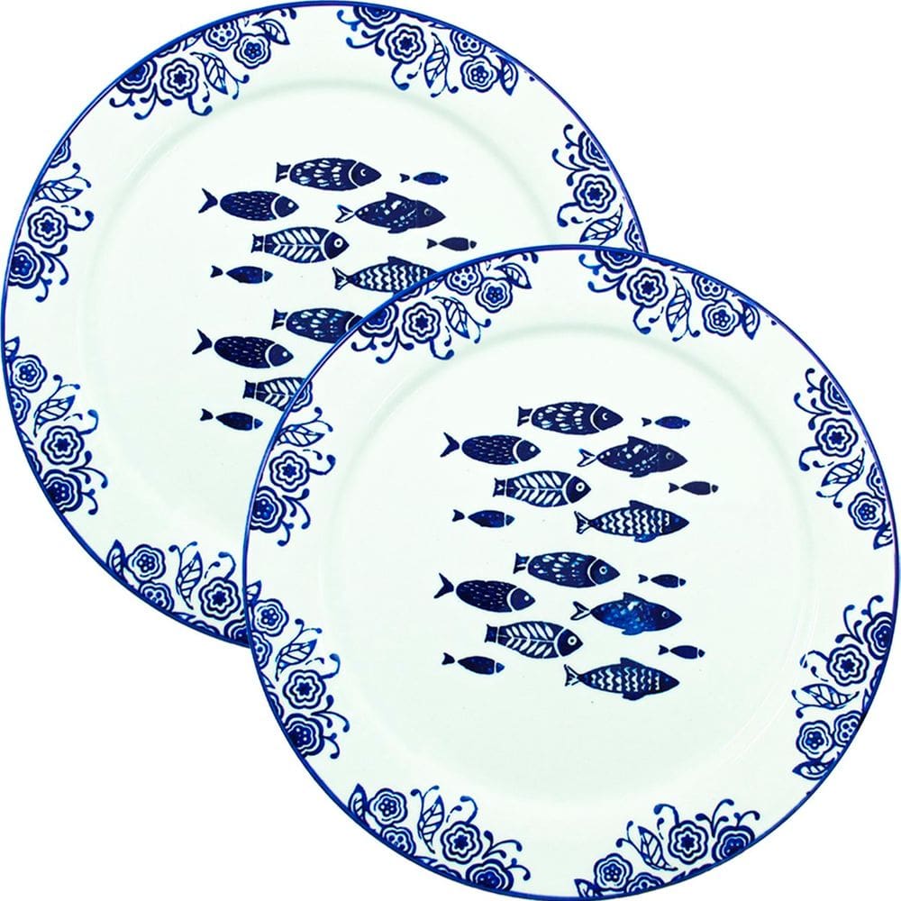 Jogo Prato Raso Jantar 10 Pessoas 10Pçs Peixe Praia Mar 31cm
