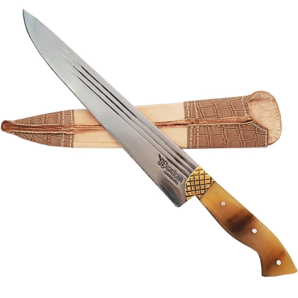 Facão Faca Churrasco 10`` Aço Carbono 1070 Artesanal Listrado Full Tang Cabo Chifre Mesclado