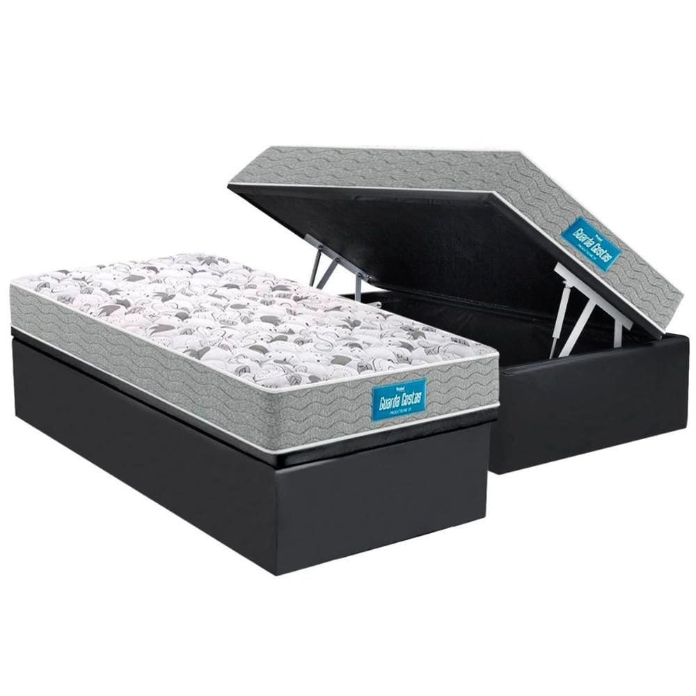 Cama Box Baú Solteiro: Colchão Espuma D45 Probel / EP Guarda Costas PróExtreme Plus Double Face + Base CRC Suede Gray(88x188)