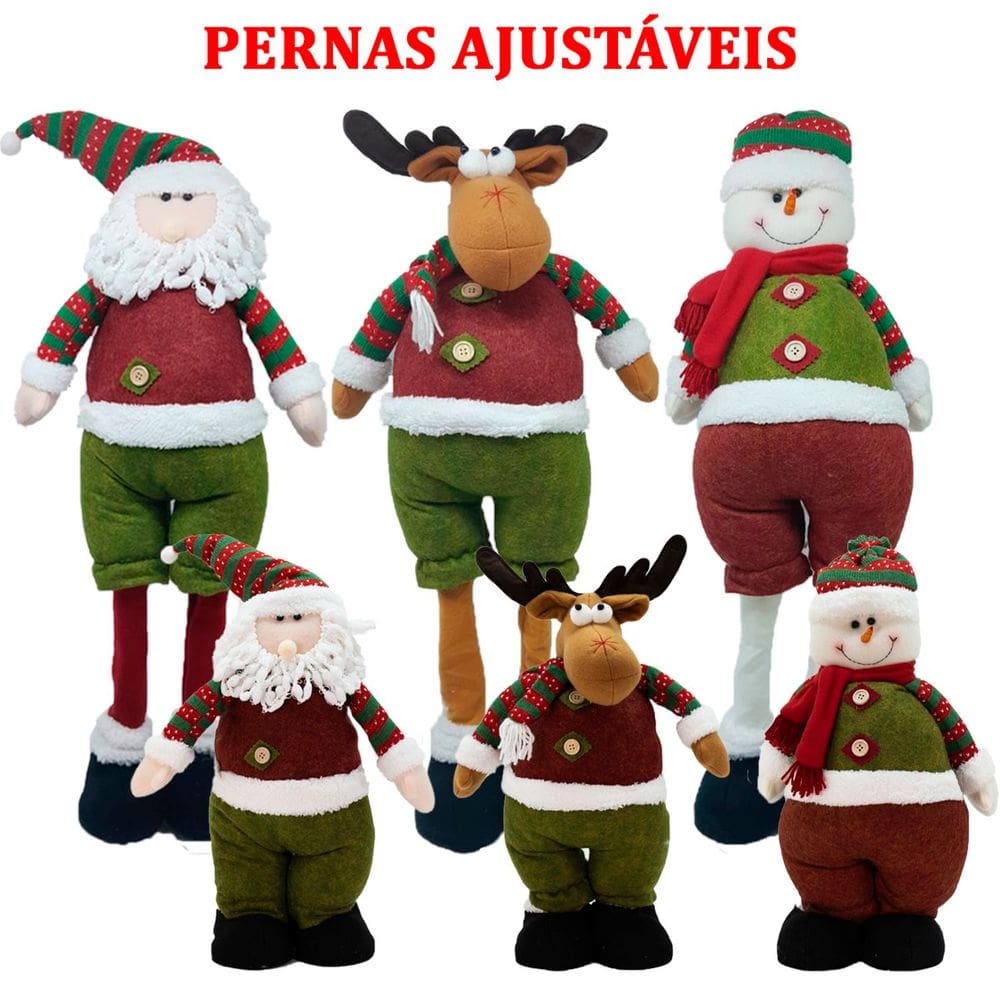 Kit Trio Natal Papai Noel Rena Boneco Neve Perna Ajustável