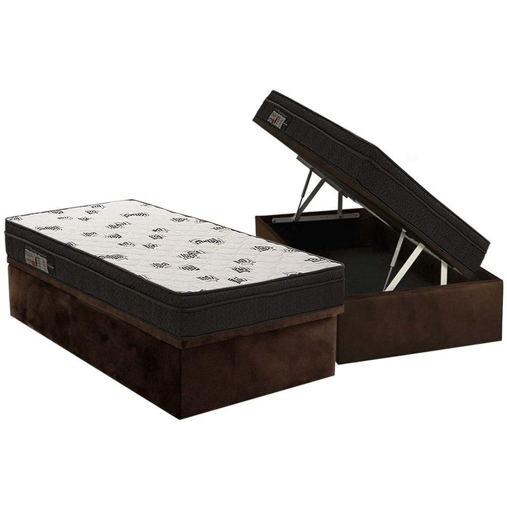 Cama Box Baú Solteiro: Colchão Espuma Ortobom D45 Ligh Saúde Ortopillow + Base CRC Suede Brown(88x188)