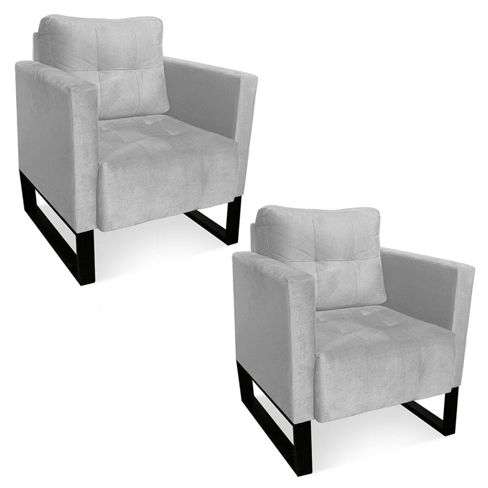 Kit 2 Poltronas Livia Suede Cinza Base Industrial Preto - D`Rossi