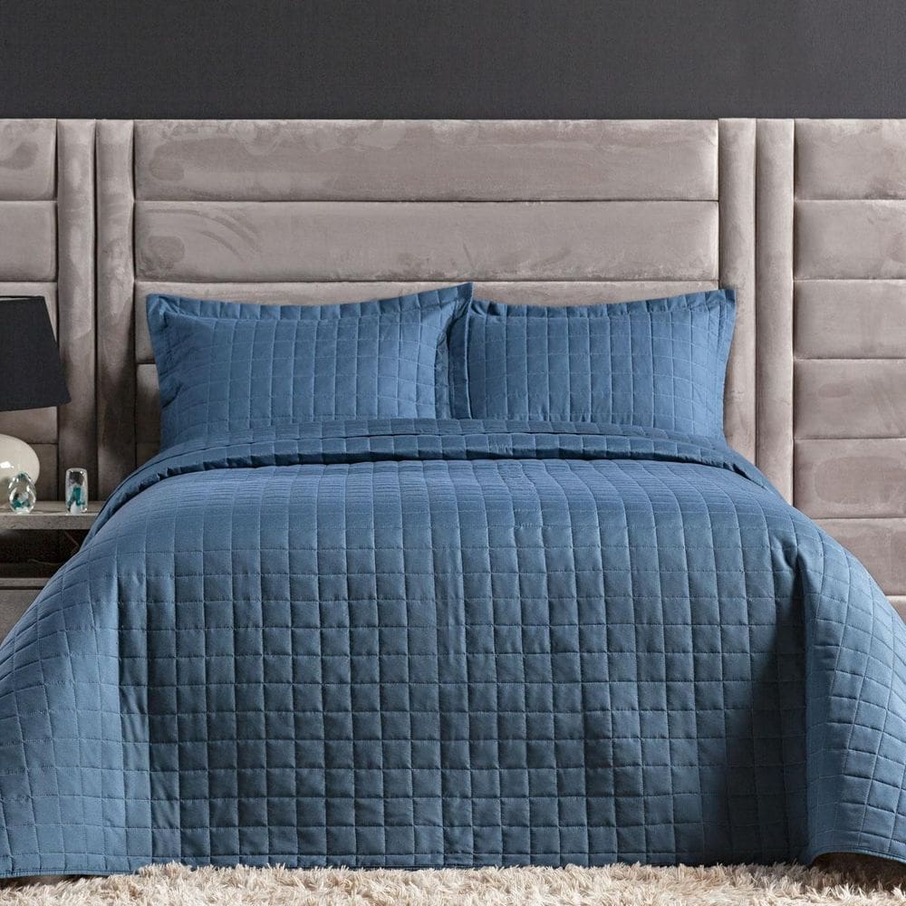 Cobre Leito Queen Size 3 Peças Matelado 300 Fios Marinho