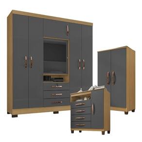 Guarda Roupa Casal Imperial com Armário Multiuso Recife e Cômoda Sapateira Cannes Carvalho Americano Grafite - Incorplac