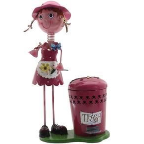Decoração Enfeite Boneca Escultura em Metal com Lixeira Pedal Menina Pink