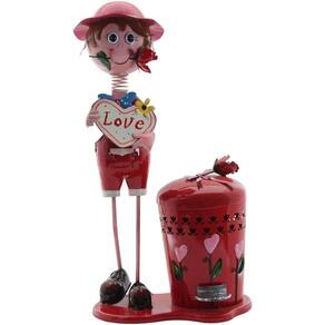 Decoração Enfeite Boneco Escultura de Metal com Lixeira de Pedal Menino Rosa 72cm