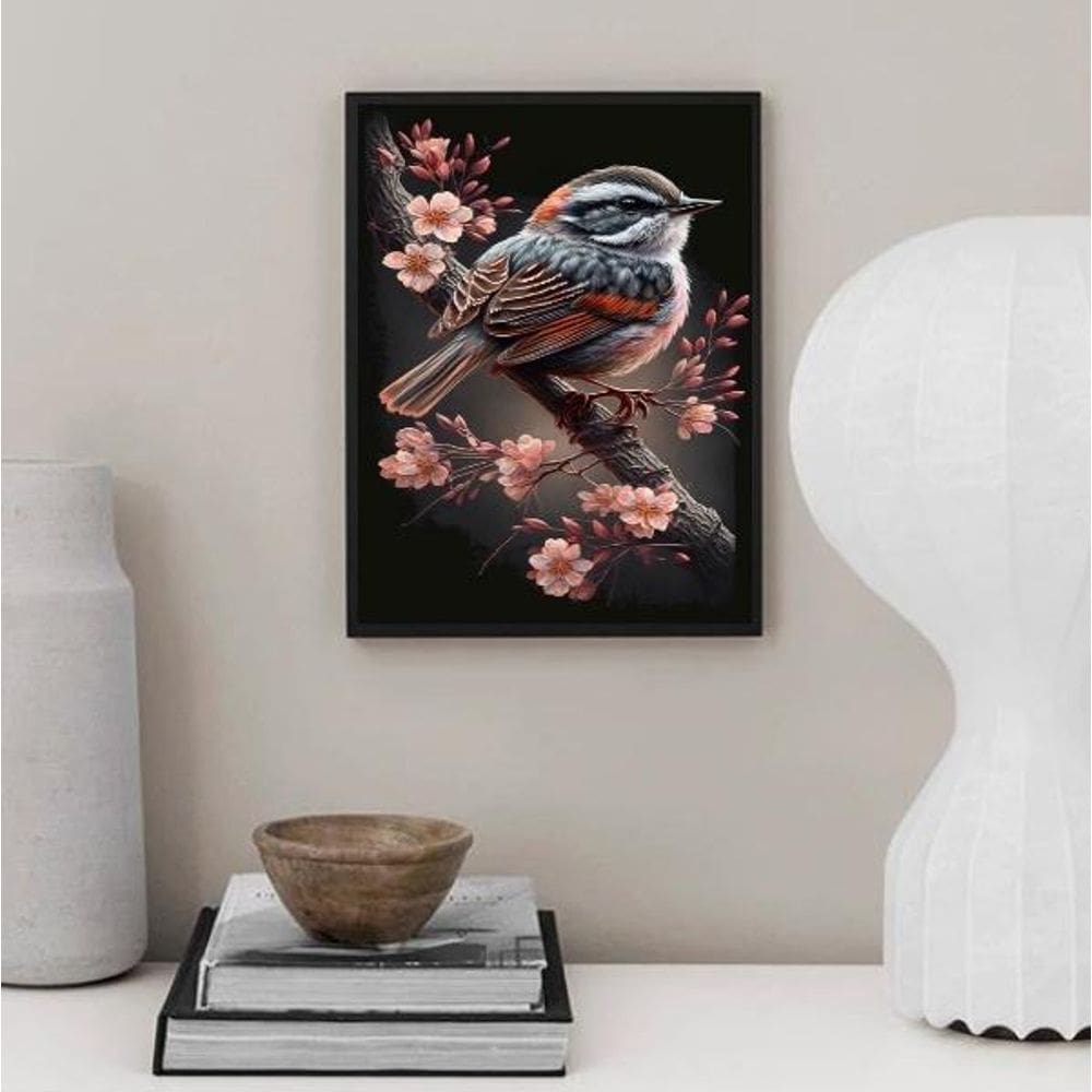 Quadro Arte Passarinho Com Flores 33X24Cm