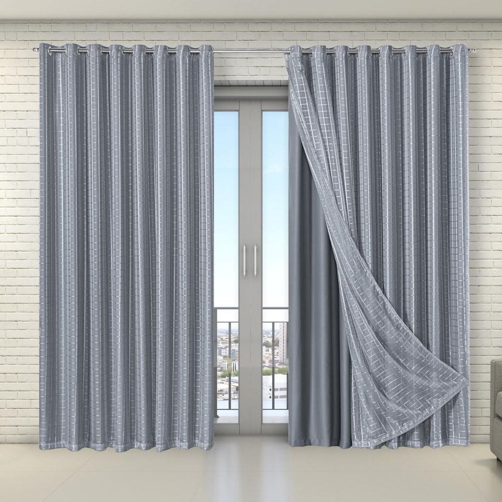 Cortina Tecido Blecaute Com Voil Xadrez 2,70M X 2,30M Cinza