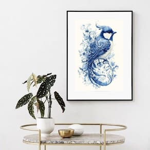 Quadro Passarinho Floral Azul - 60X48Cm