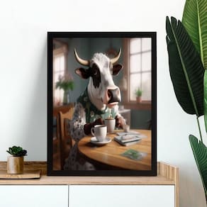 Quadro Decorativo Vaca Tomando Café 33X24Cm