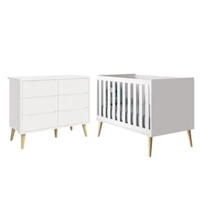 Jogo De Quarto Infantil Theo Cômoda 6 Gavetas E Berço Branco Fosco Com Pés Madeira Natural- Reller Móveis Branco Fosco